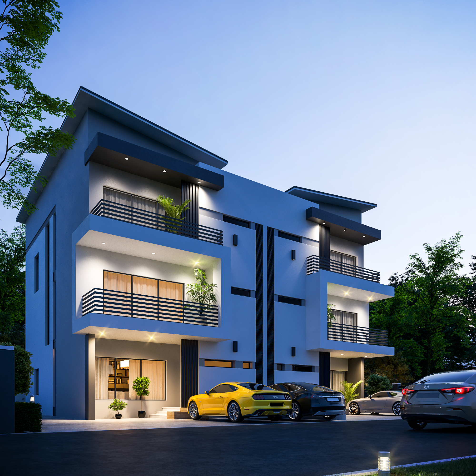 night view of 3d Luxury 4-Bedroom Amethyst twin villa with Staff Quarters