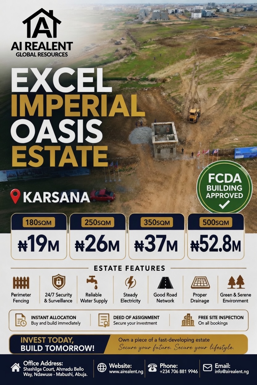 350sqm land for sale in Karsana, Abuja is located within Excel Imperial Oasis Estat