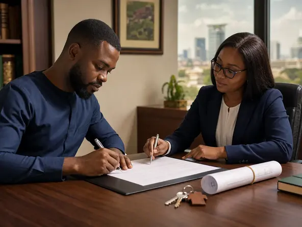 Nigerian buyer signing a Deed of Assignment with a property lawyer in Abuja