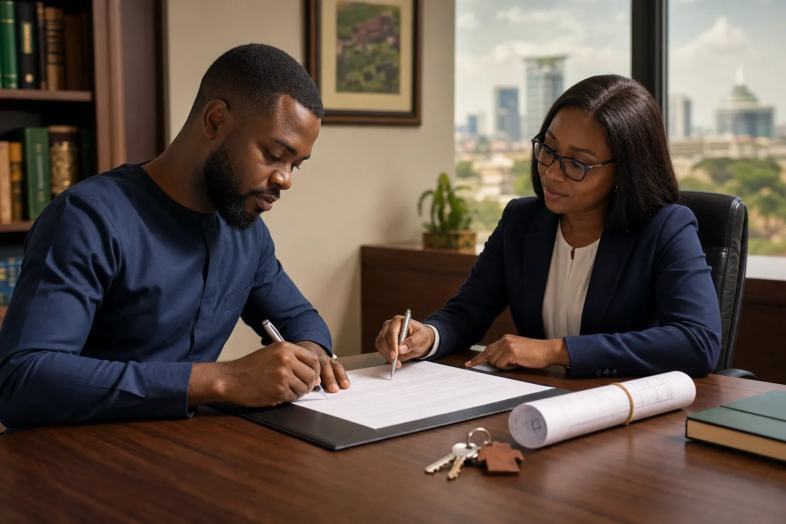 Deed of Assignment in Nigeria: Meaning, Sample & How to Obtain One (2026) 1 Nigerian buyer signing a Deed of Assignment with a property lawyer in Abuja